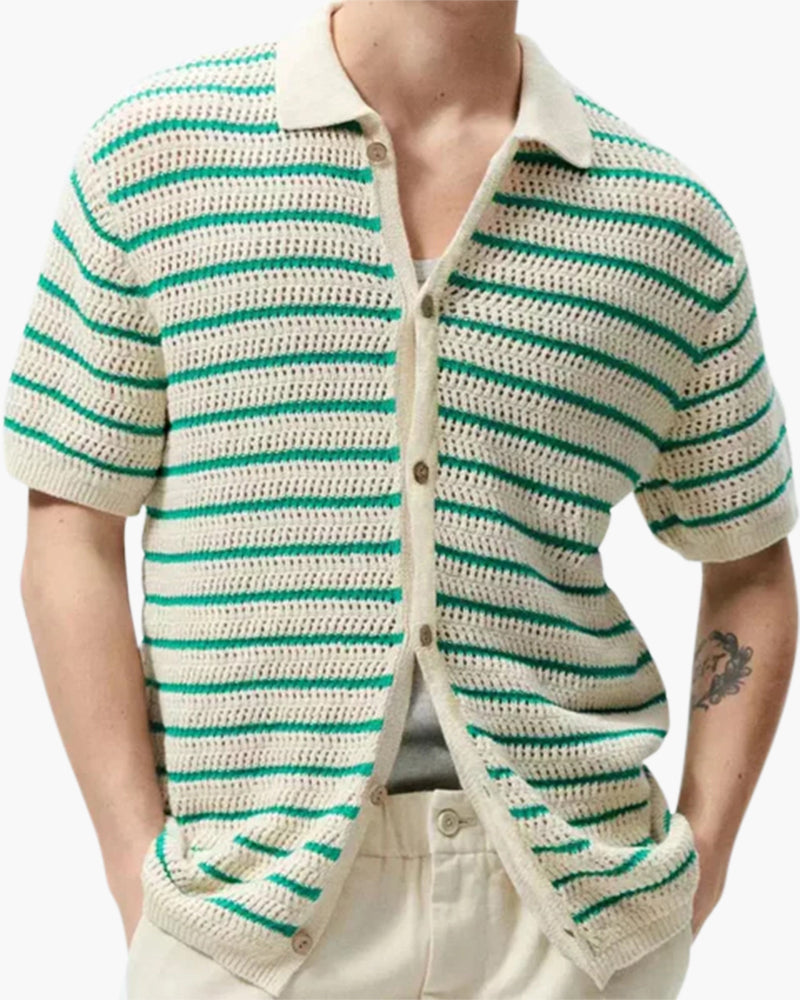 Men's Striped Knit Short Sleeve Shirt with Button Front