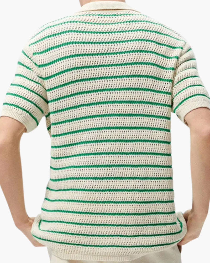 Men's Striped Knit Short Sleeve Shirt with Button Front