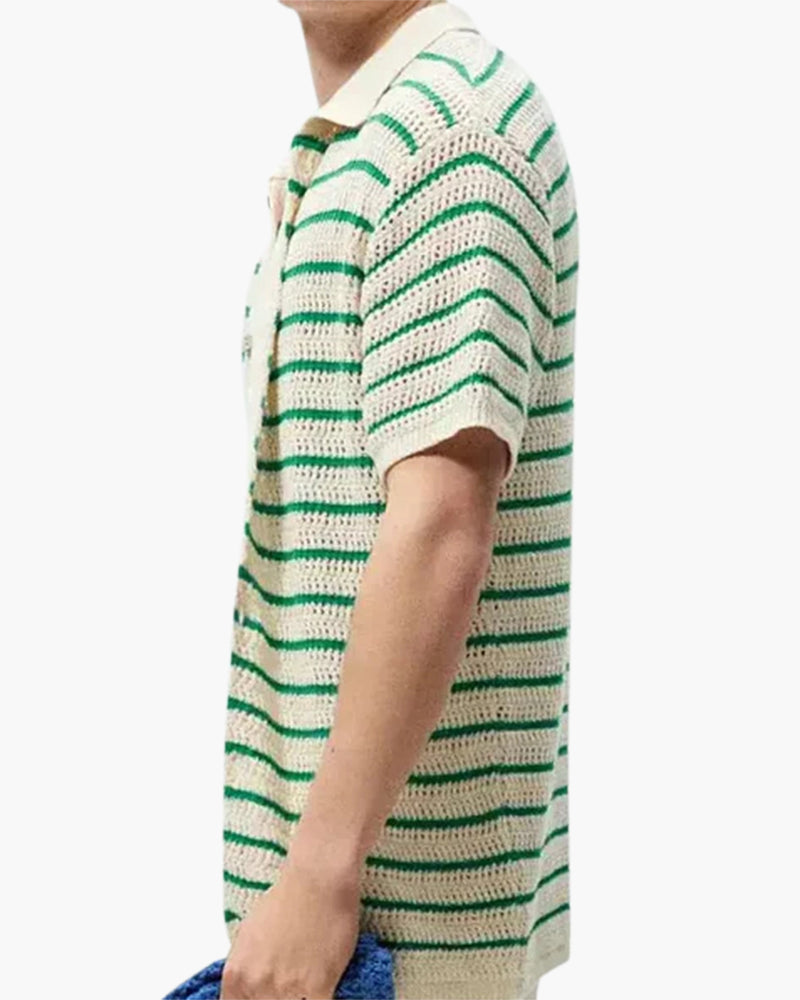 Men's Striped Knit Short Sleeve Shirt with Button Front
