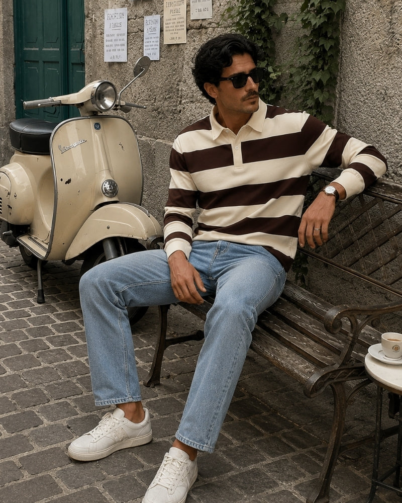 Men's Striped Rugby Polo Shirt with Long Sleeves