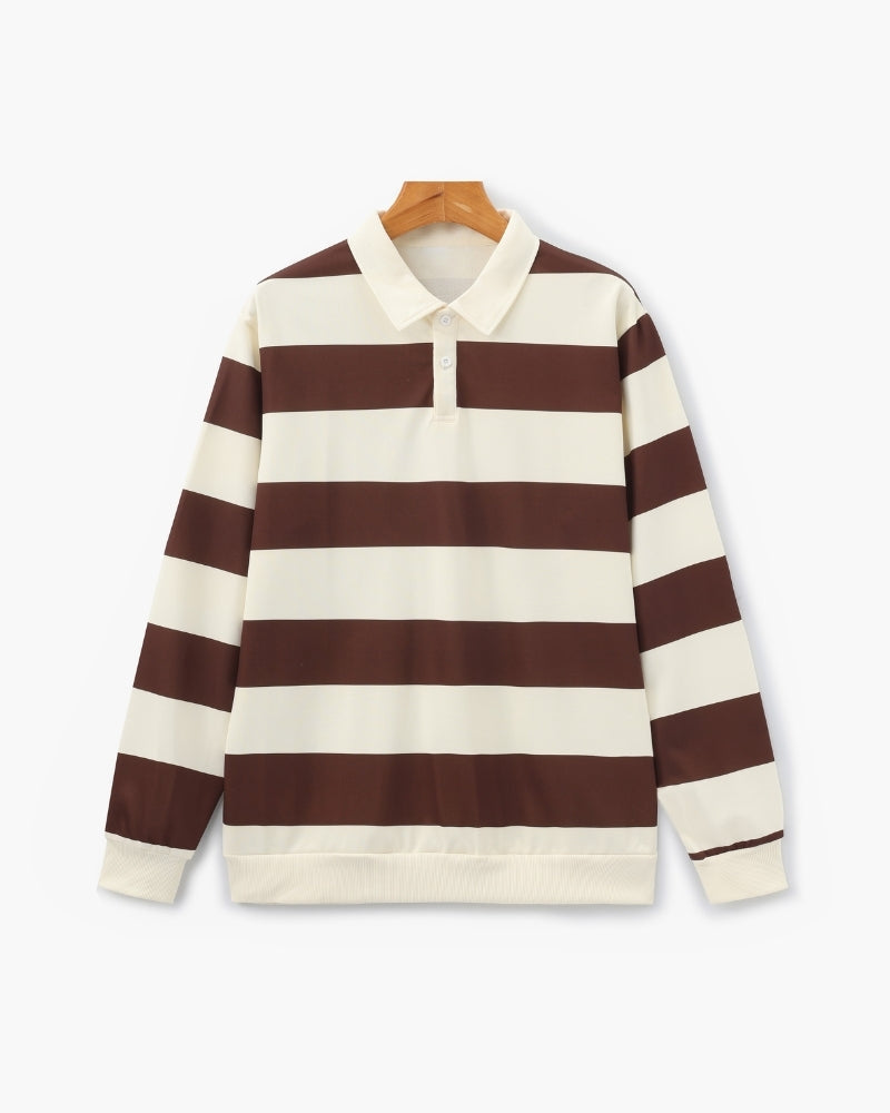 Men's Striped Rugby Polo Shirt with Long Sleeves - Burgundy