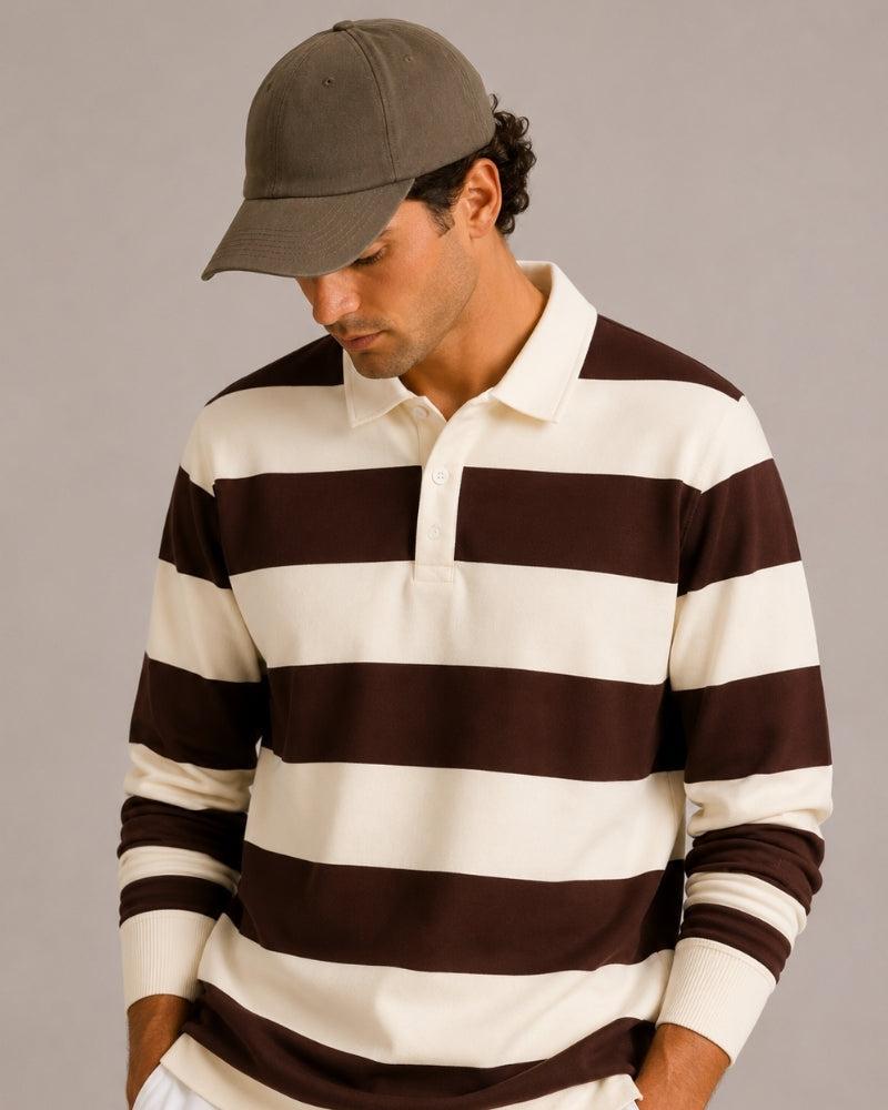Men's Striped Rugby Polo Shirt with Long Sleeves