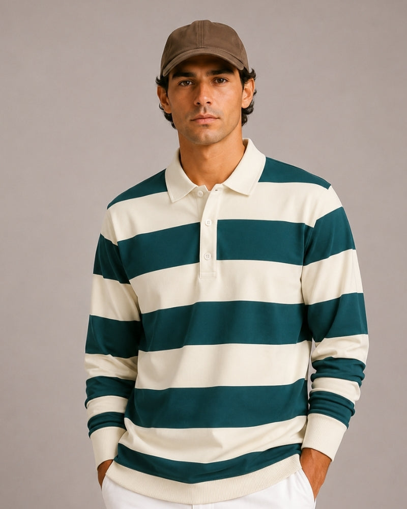 Men's Striped Rugby Polo Shirt with Long Sleeves