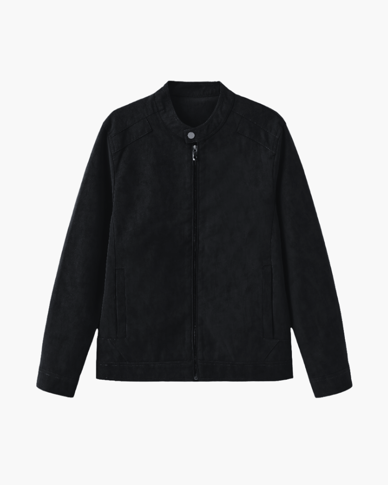 Men's Suede-Look Zip Jacket with Stand Collar - Black