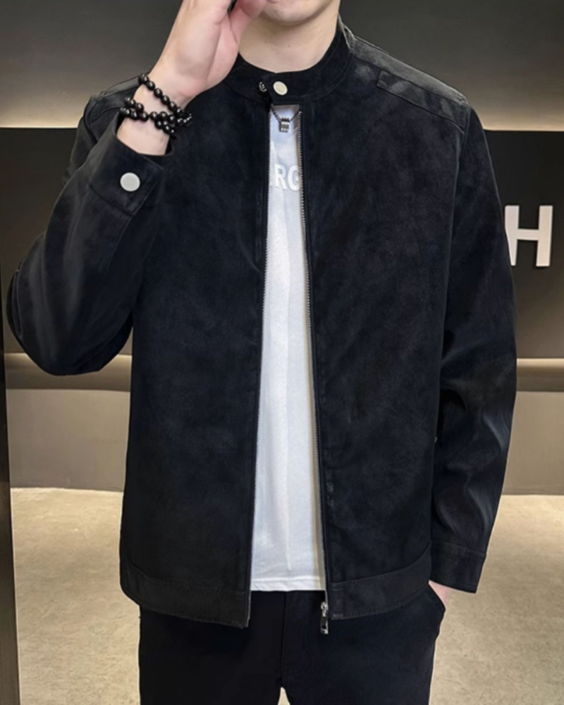 Men's Suede-Look Zip Jacket with Stand Collar