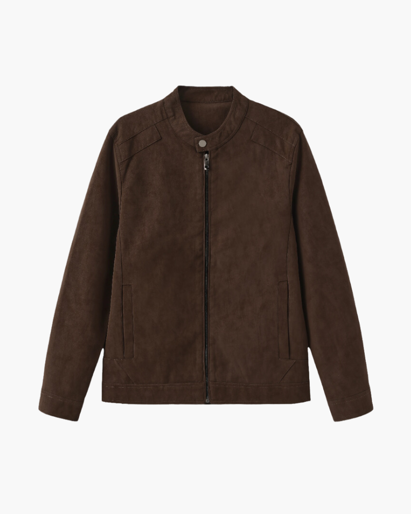 Men's Suede-Look Zip Jacket with Stand Collar - Brown