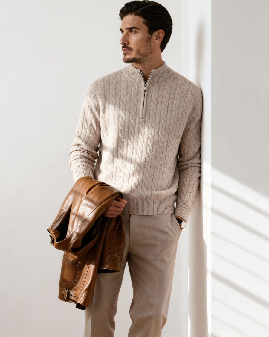 Men's Textured Knit Half-Zip Sweater with Mock Neck