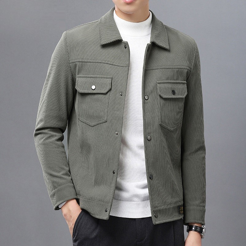 Men's Trucker Jacket with Flap Pockets and Point Collar - Army Green
