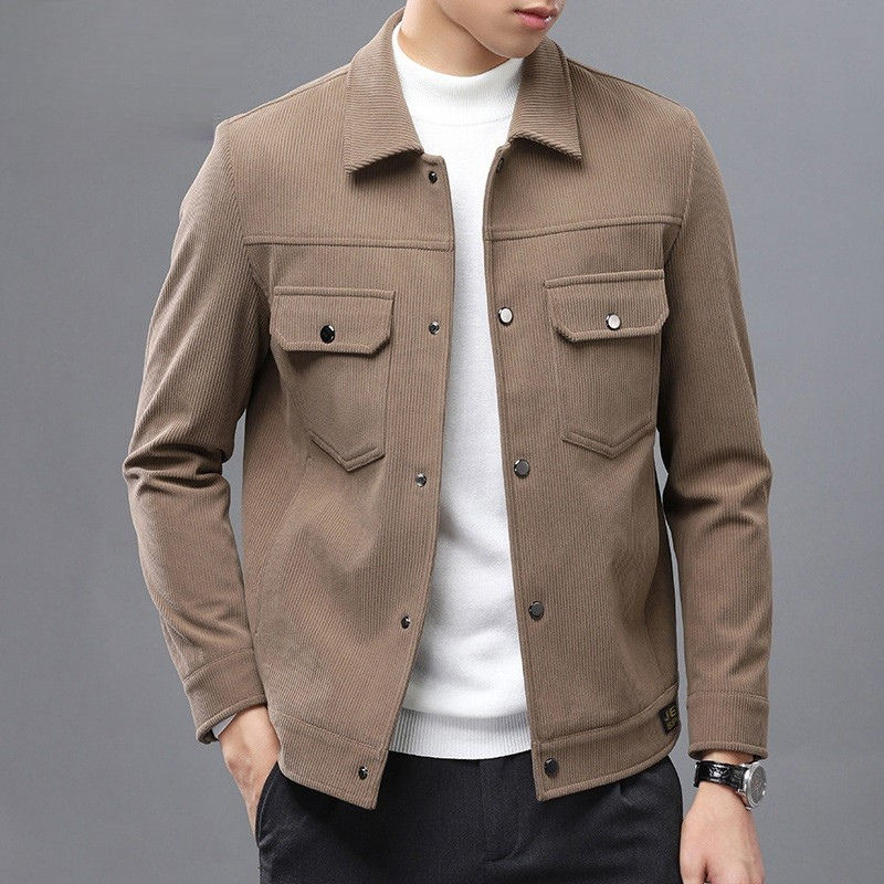 Men's Trucker Jacket with Flap Pockets and Point Collar - Khaki