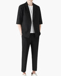 Men's Two-Piece Set with Short Sleeve Blazer and Trousers - Black