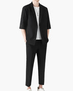 Men's Two-Piece Set with Short Sleeve Blazer and Trousers - Black