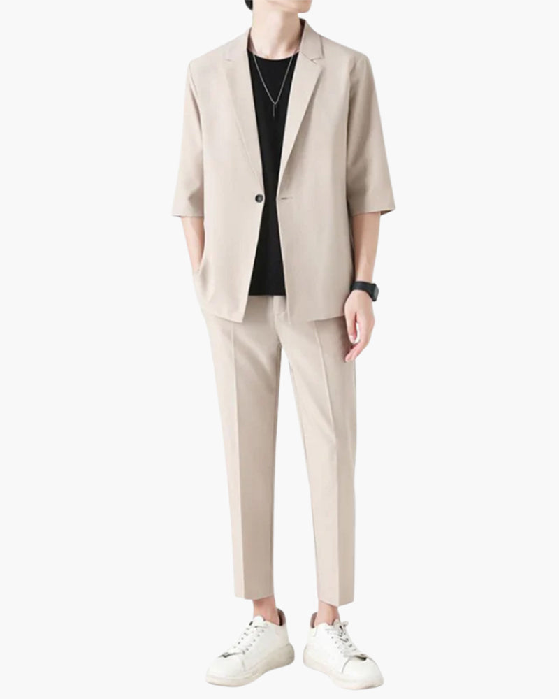 Men's Two-Piece Set with Short Sleeve Blazer and Trousers - Beige