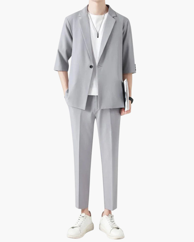 Men's Two-Piece Set with Short Sleeve Blazer and Trousers - Gray