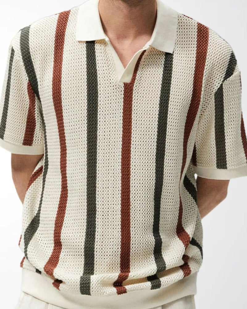 Men's Vertical Stripe Knit Polo with Open Collar