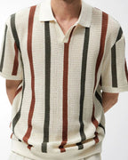Men's Vertical Stripe Knit Polo with Open Collar