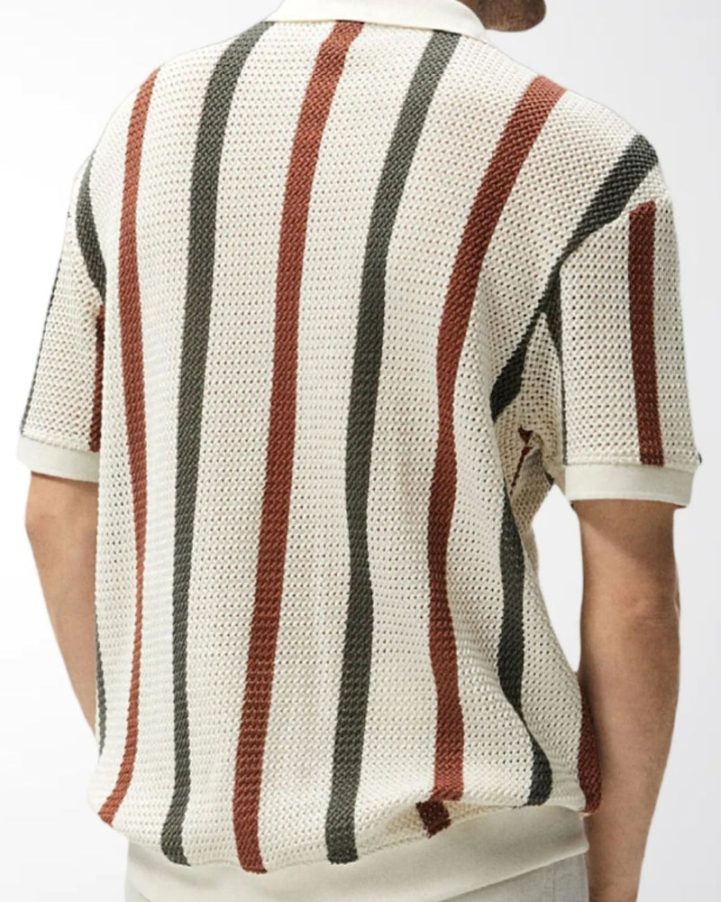 Men's Vertical Stripe Knit Polo with Open Collar