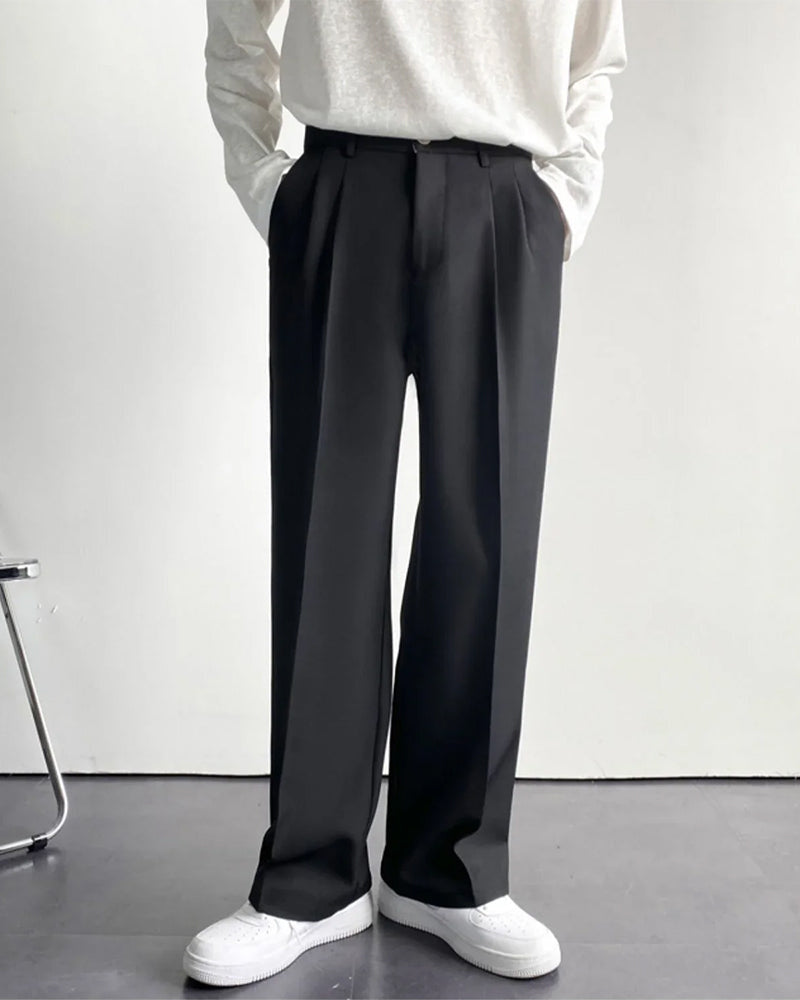 Men's Wide Leg Pleated Trousers with Elasticated Back