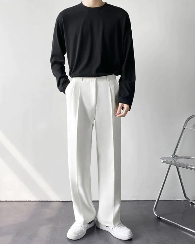 Men's Wide Leg Pleated Trousers with Elasticated Back