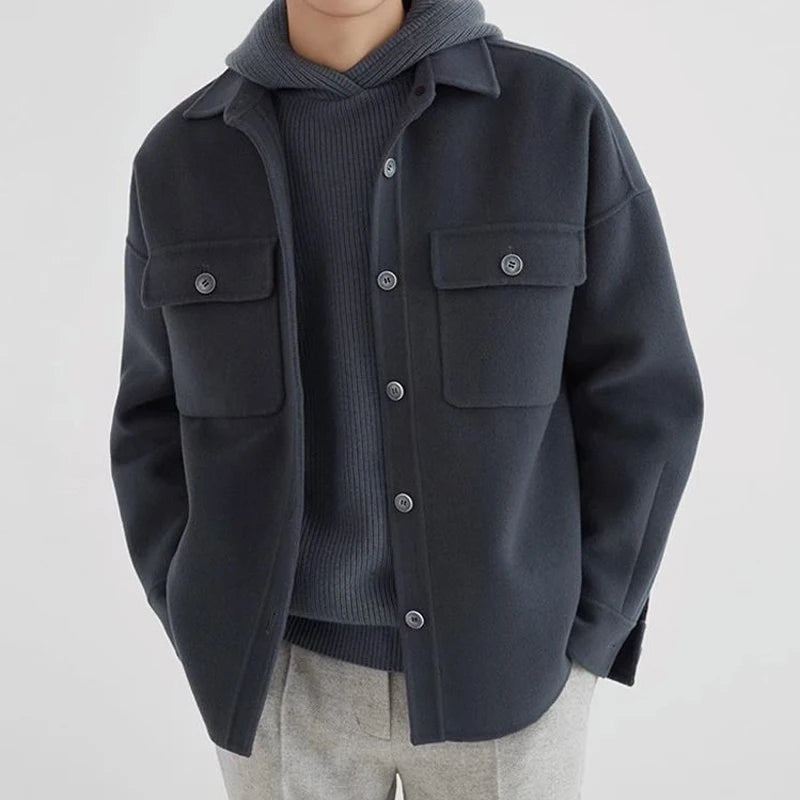 Men's Wool-Look Overshirt Jacket with Chest Pockets - Navy Blue