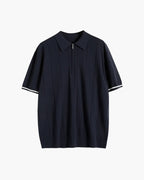 Men's Zip Collar Polo Shirt with Contrast Sleeve Stripe - Navy