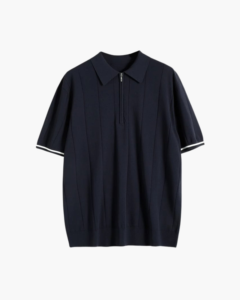 Men's Zip Collar Polo Shirt with Contrast Sleeve Stripe - Navy