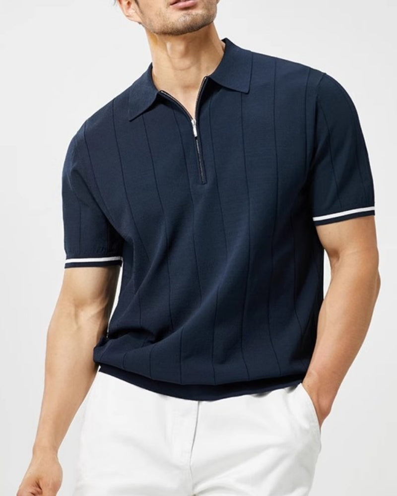 Men's Zip Collar Polo Shirt with Contrast Sleeve Stripe