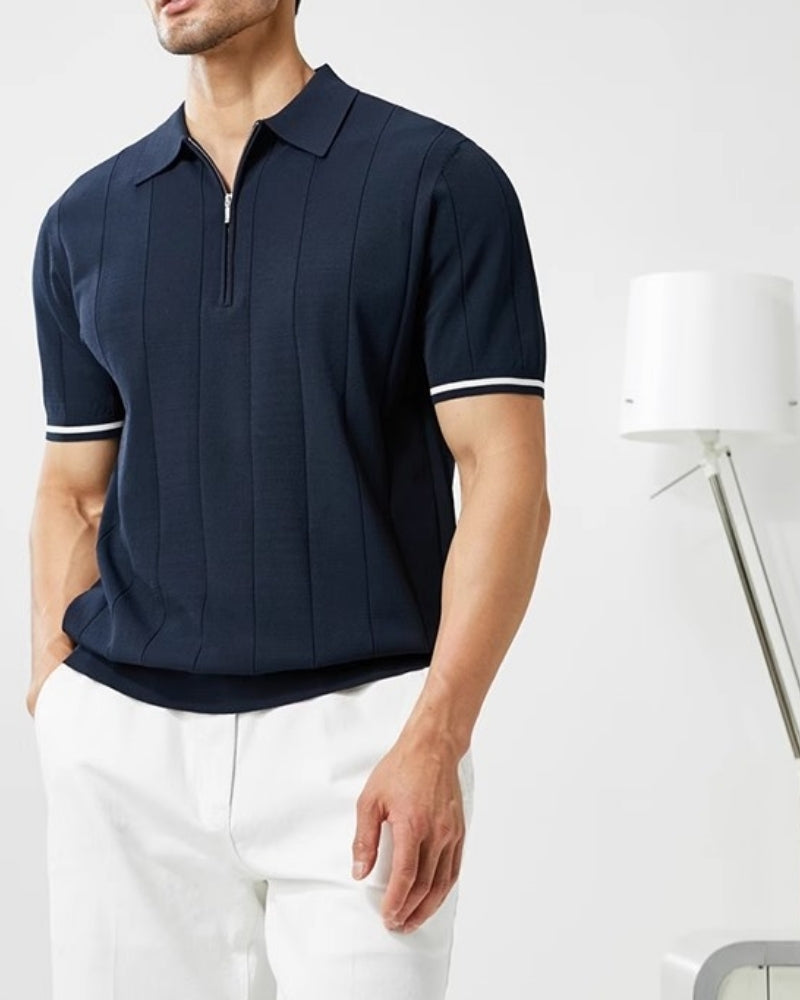 Men's Zip Collar Polo Shirt with Contrast Sleeve Stripe