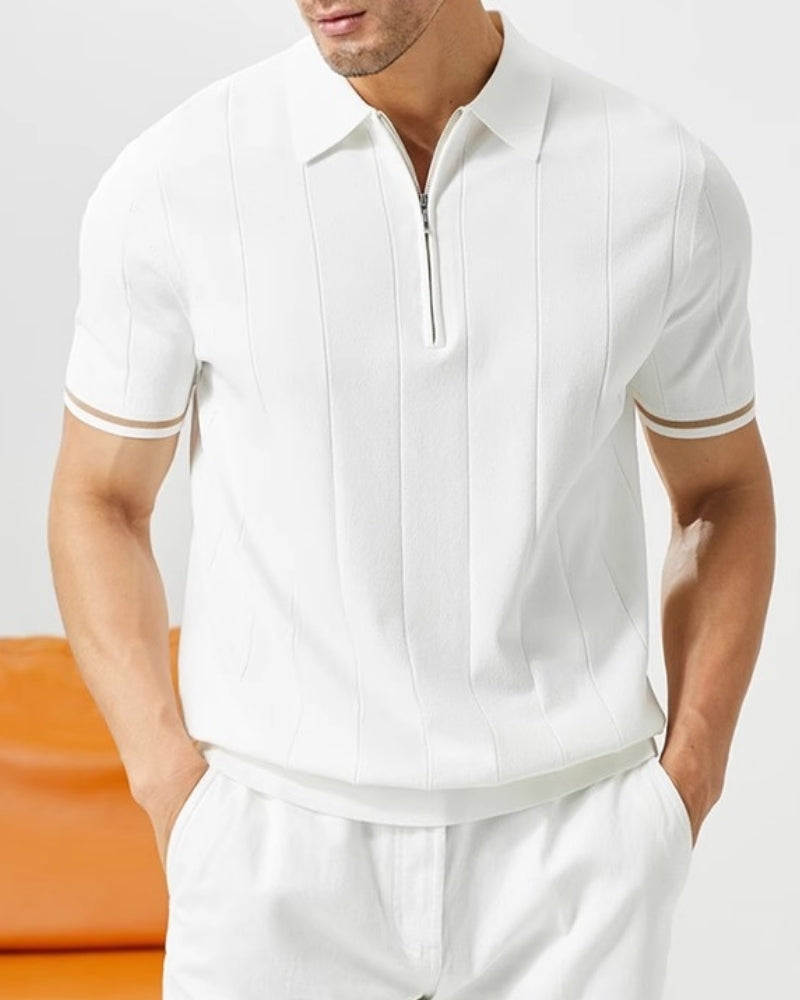 Men's Zip Collar Polo Shirt with Contrast Sleeve Stripe