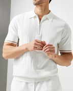 Men's Zip Collar Polo Shirt with Contrast Sleeve Stripe