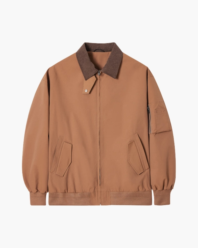 Men's Zip-Front Harrington Jacket with Contrast Collar - Brown
