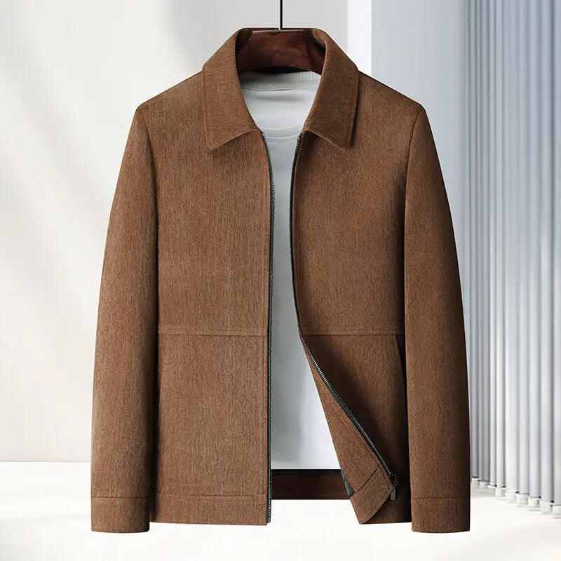 Men's Zip-Up Jacket with Spread Collar and Suede-Look Finish - Sienna Brown
