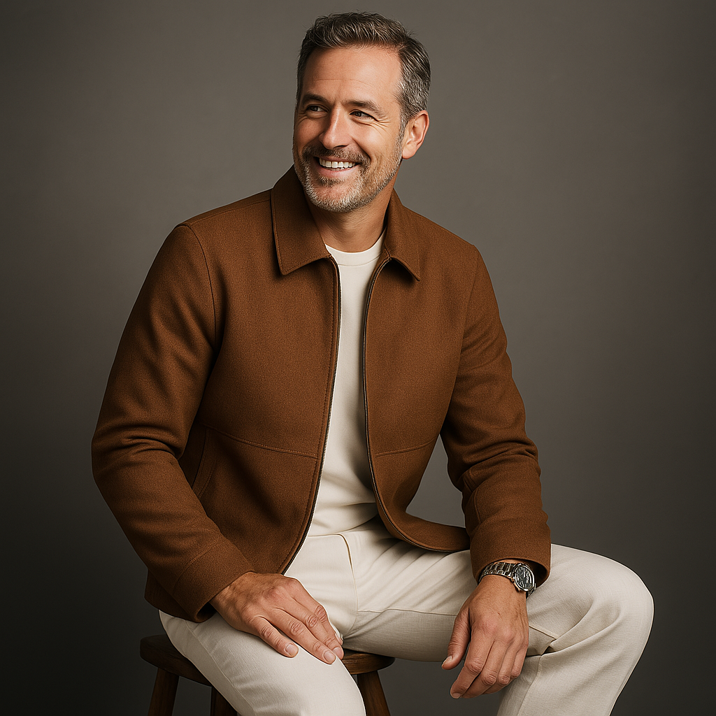 Men's Zip-Up Jacket with Spread Collar and Suede-Look Finish