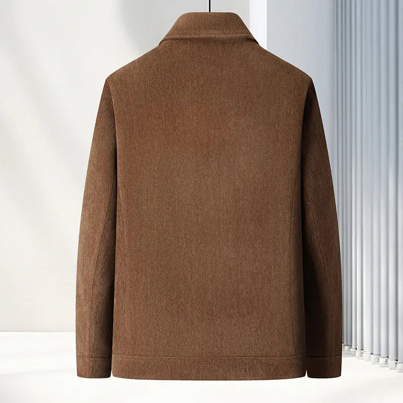 Men's Zip-Up Jacket with Spread Collar and Suede-Look Finish