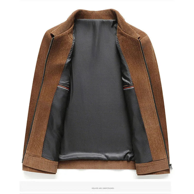 Men's Zip-Up Jacket with Spread Collar and Suede-Look Finish