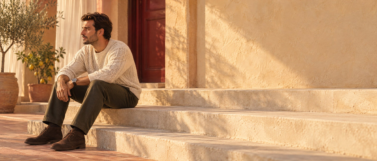 Man in a cream cable knit sweater seated on stone steps in the last warm light