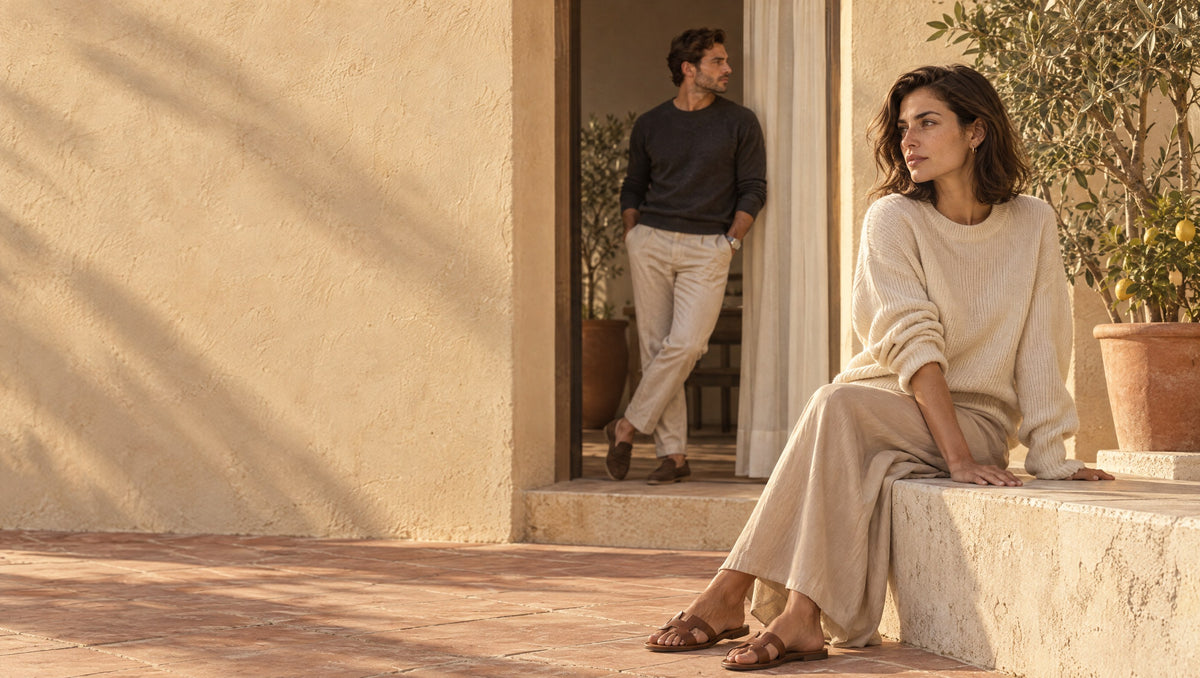 Woman in a cream knit and long sand-colored skirt seated on a sunlit limestone bench, a man in a dark knit behind her