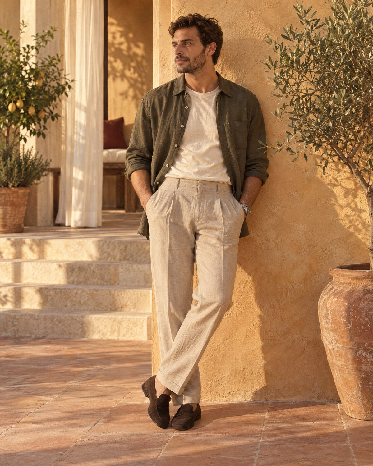 Man in an olive overshirt and pleated stone trousers standing against a warm plaster wall