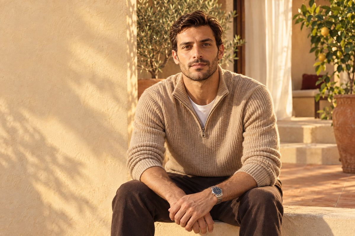 Man in a sand half-zip knit sweater seated on a low plaster wall