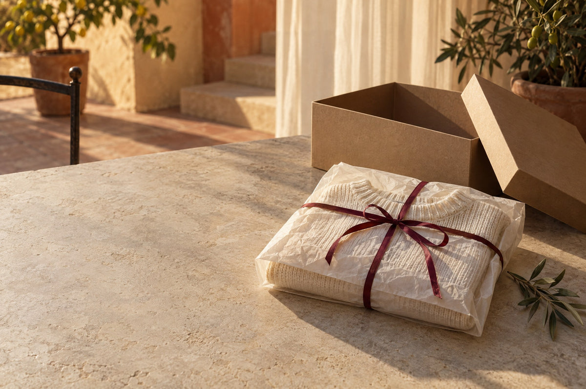 Parcel wrapped in cream tissue paper with a bordeaux ribbon on a sunlit limestone table