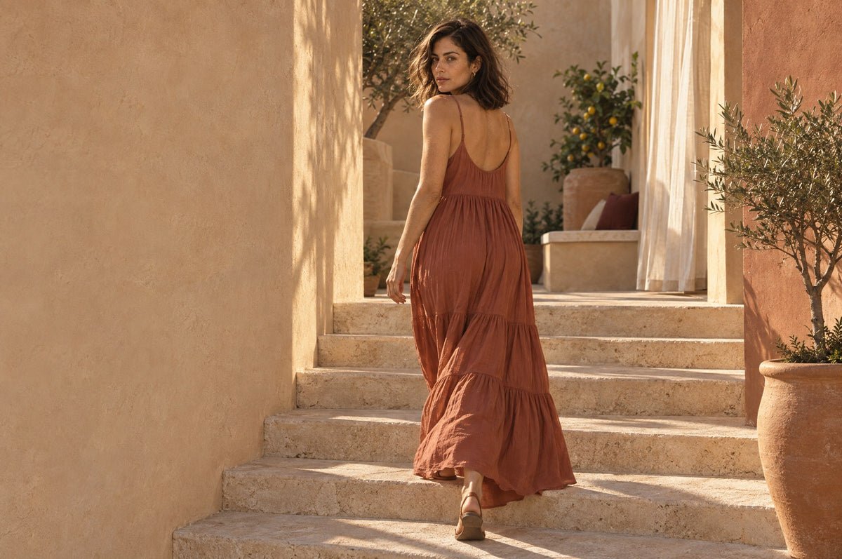 Woman in a flowing terracotta maxi dress looking back over her shoulder on sunlit limestone steps