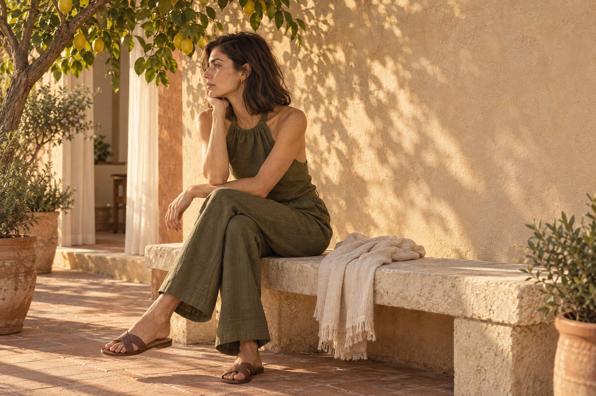 Woman in a matching olive top and wide-leg trouser set seated on a garden bench