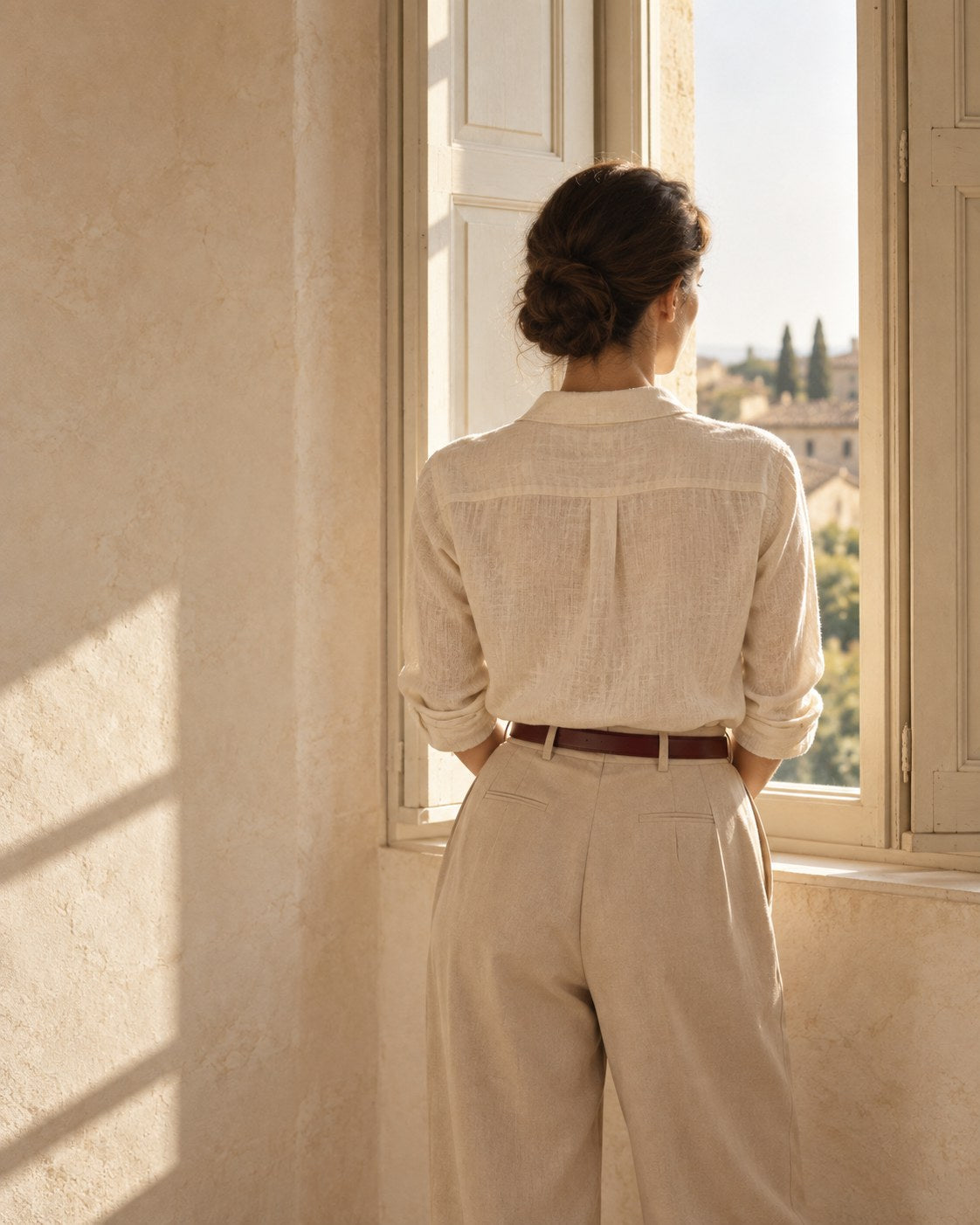Woman seen from behind at a tall shuttered window in a cream interior