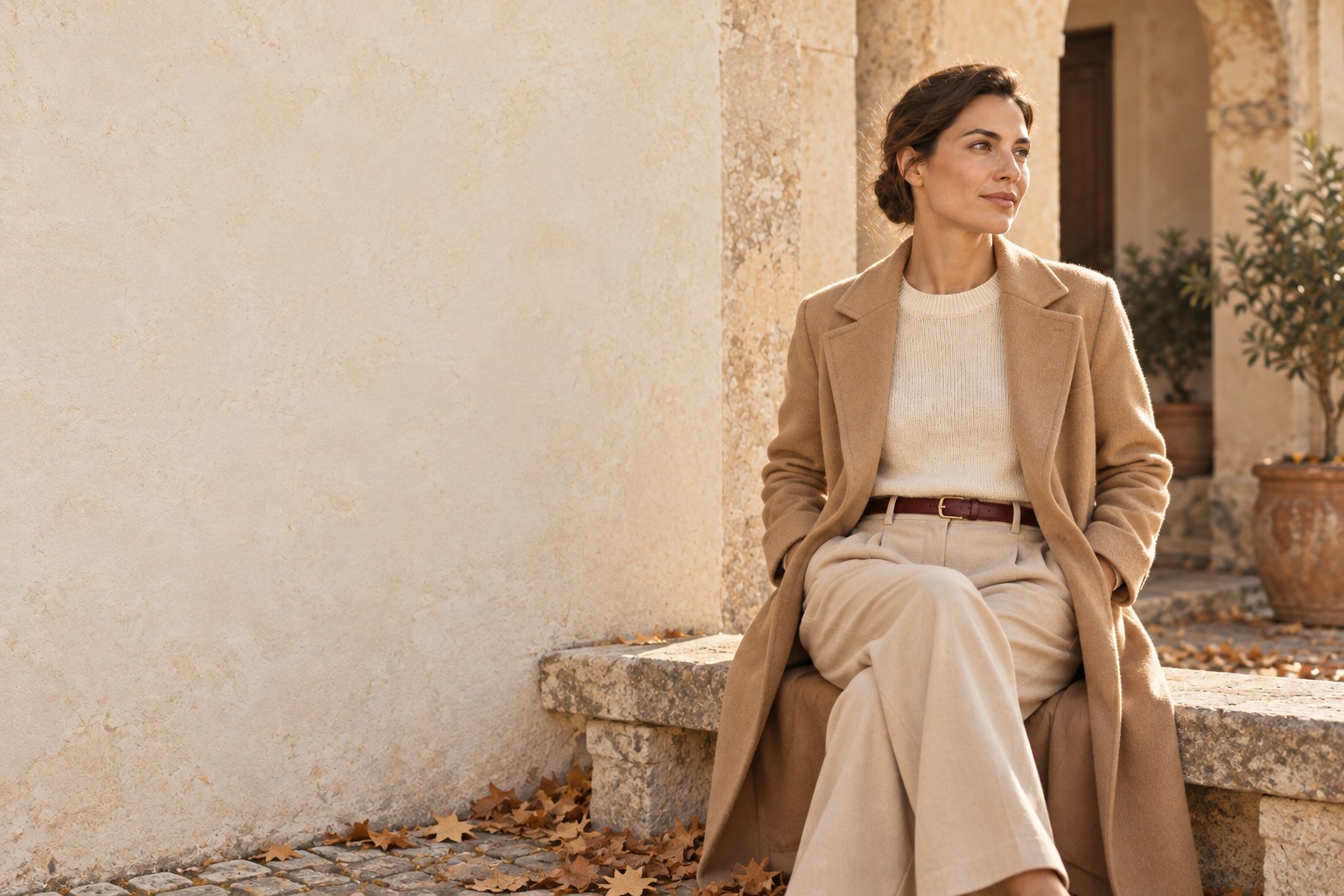 Woman in a camel coat seated on a stone bench in an autumn courtyard