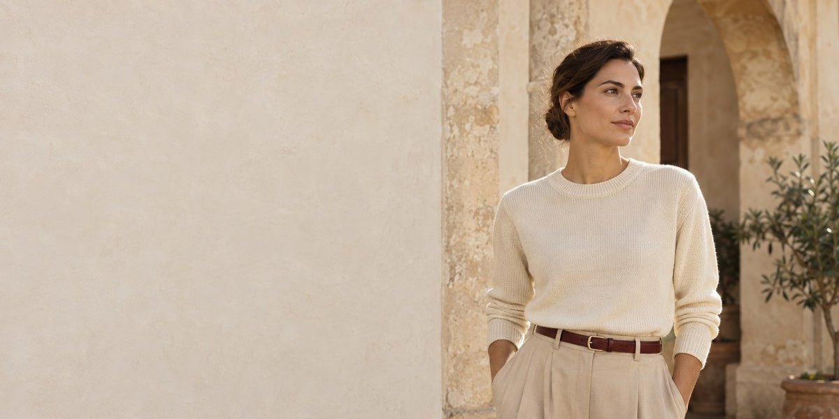 Woman in a cream knit and sand trousers standing beside a pale plaster wall in a sunlit courtyard