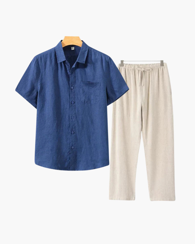Short Sleeve Linen Shirt and Trouser Set for Men - Blue