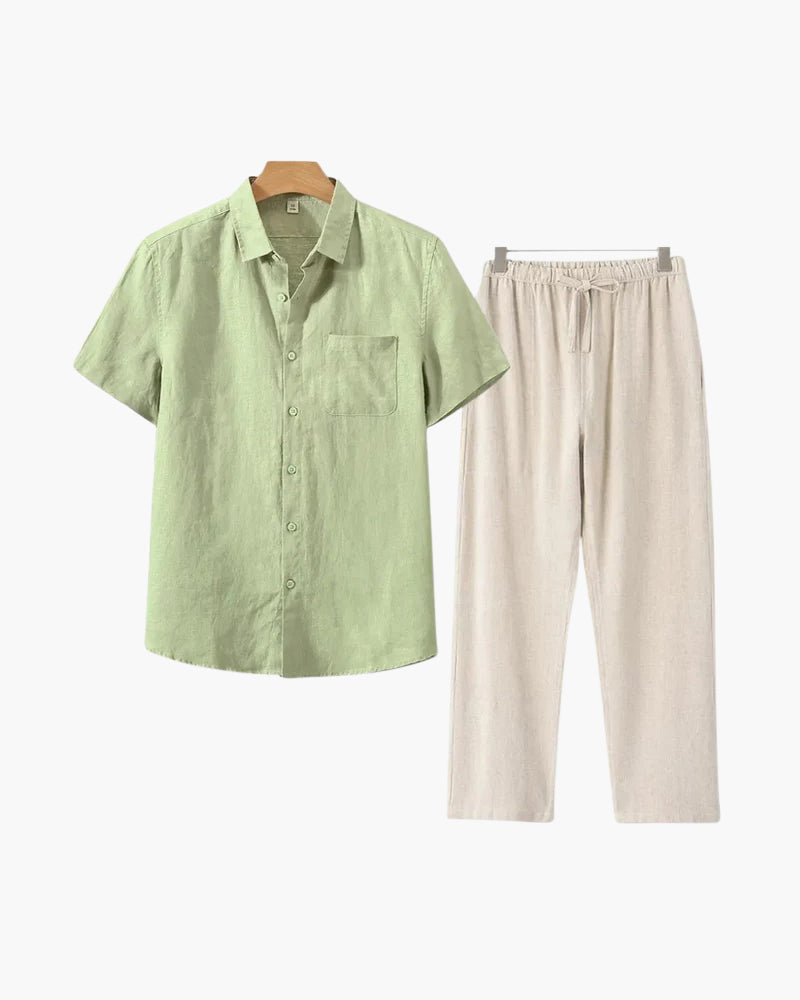 Short Sleeve Linen Shirt and Trouser Set for Men - Mint Green