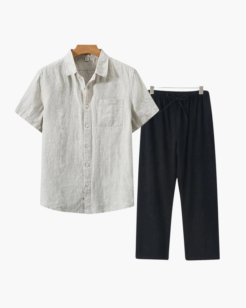Short Sleeve Linen Shirt and Trouser Set for Men - Beige