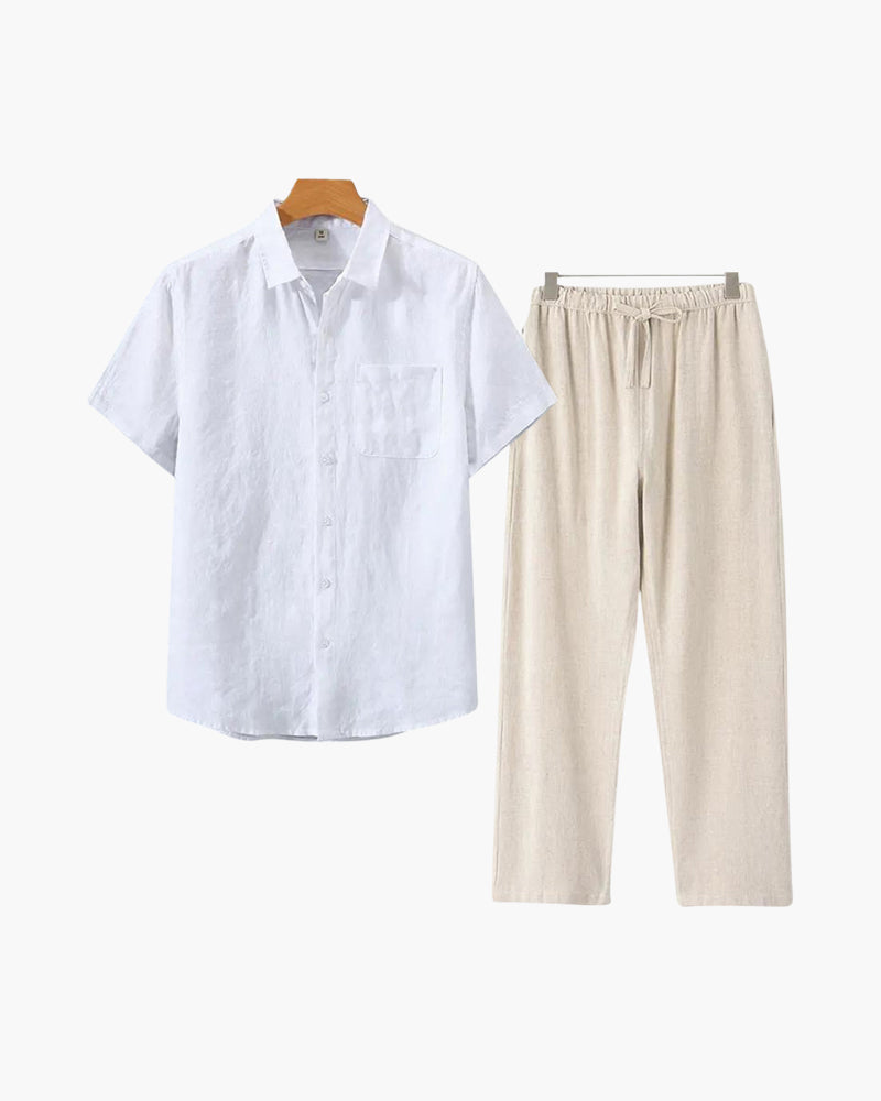 Short Sleeve Linen Shirt and Trouser Set for Men - White