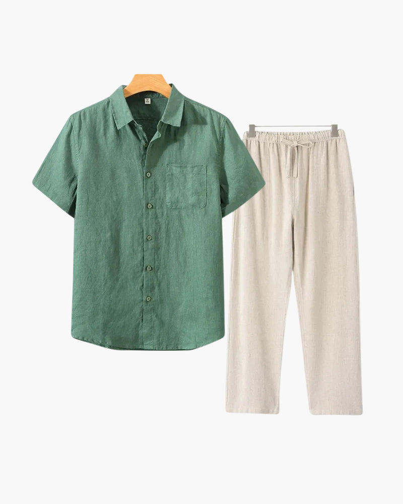 Short Sleeve Linen Shirt and Trouser Set for Men - Green