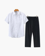 Short Sleeve Linen Shirt and Trouser Set for Men - White